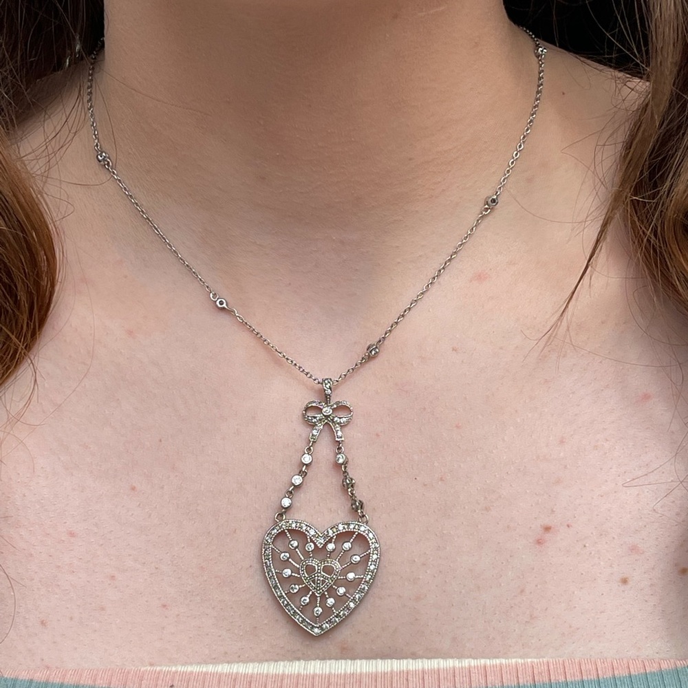 Simulated Diamond Heart Drop Pendant Necklace 16”